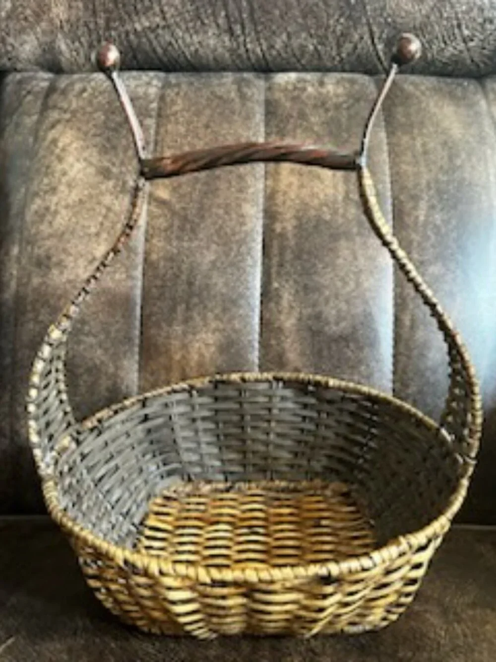 Vintage Woven Wicker & Metal Hanging Wall Basket with Sculptural Handle